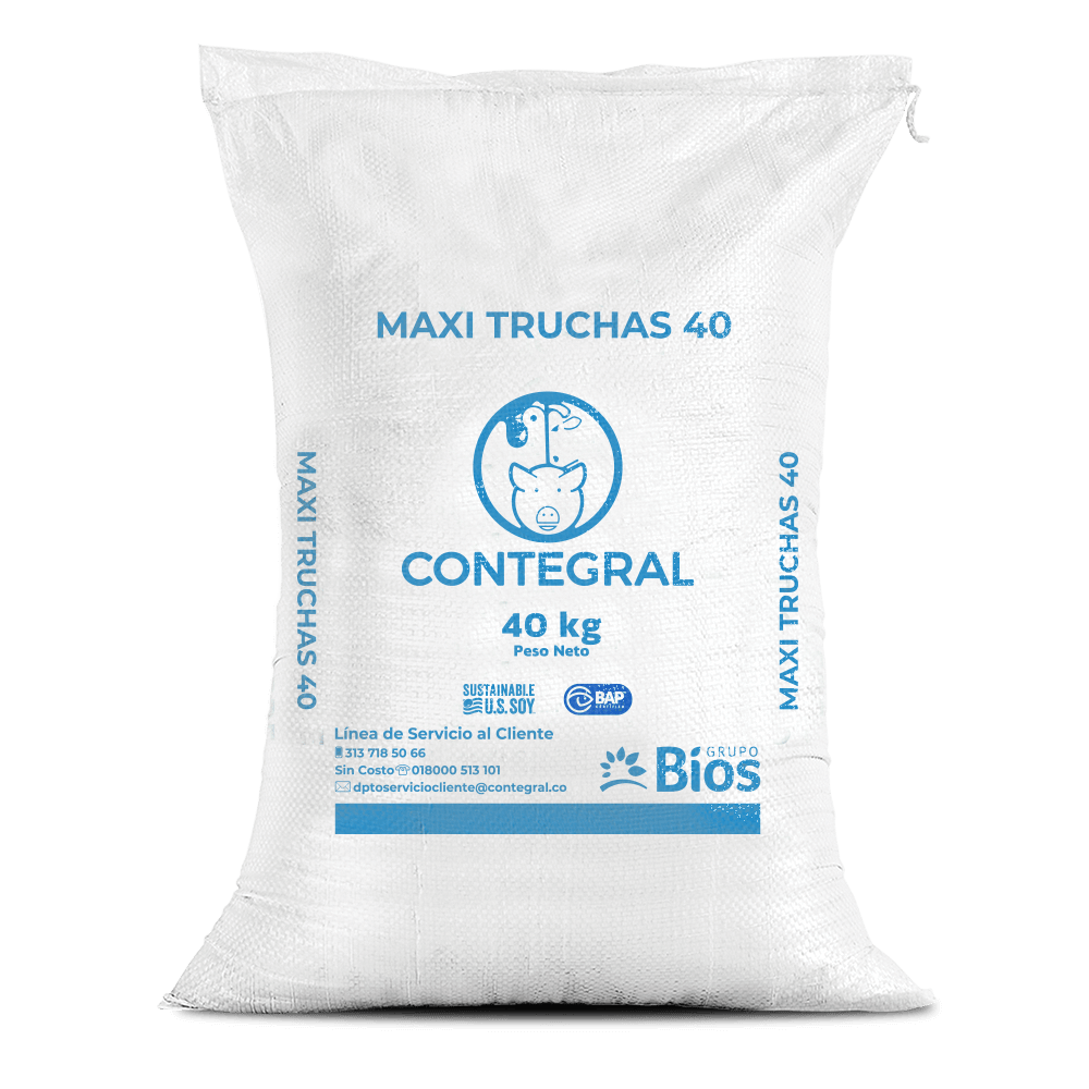 Maxi Truchas 40 Extrudido 40kg | Línea Tecnificada para Engorde de Trucha • Contegral Ibagué y Tolima | Discontegral Ibagué Tolima - Concentrados Contegral - Ringo - Nutriss - Mirringo - Filpo Maxi Truchas 40 Extrudido 40kg | Línea Tecnificada para Engorde de Trucha • Contegral Ibagué y Tolima